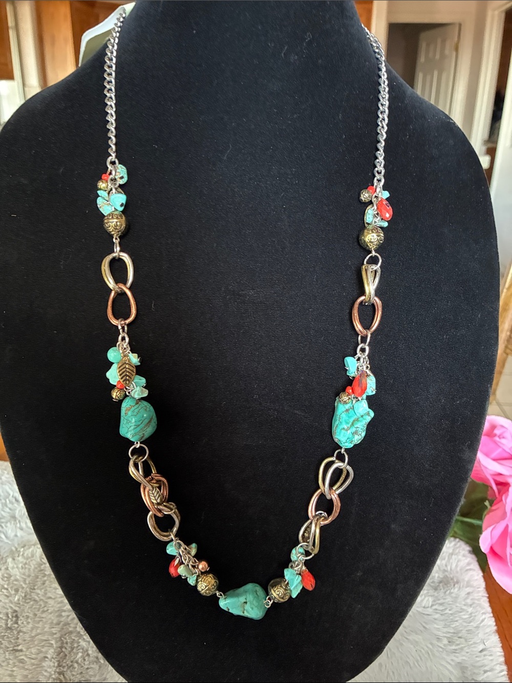 Turquoise and Coral Bead Multi-Chain Women's Necklace